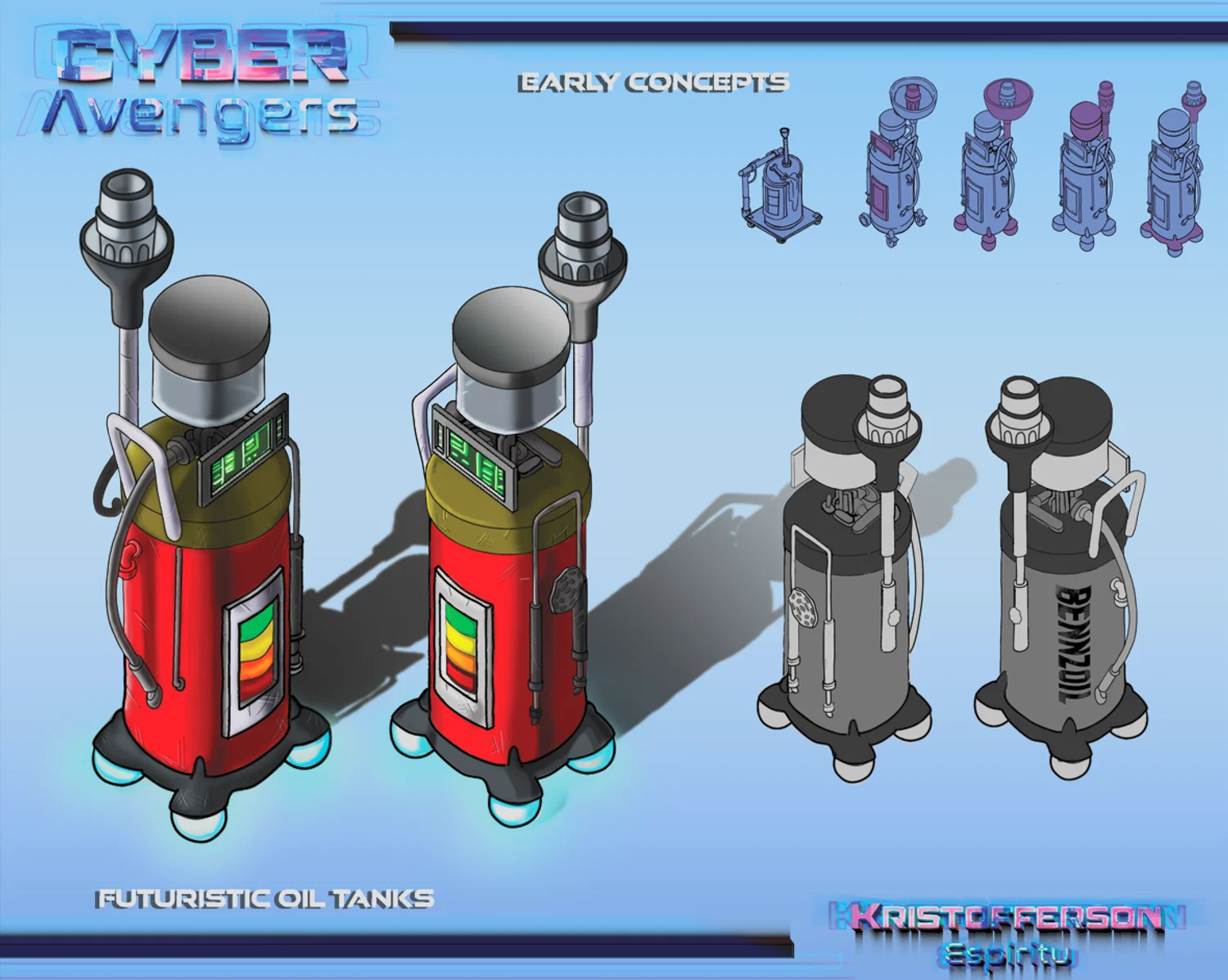a concept sheet for a futuristic oil tank prop.