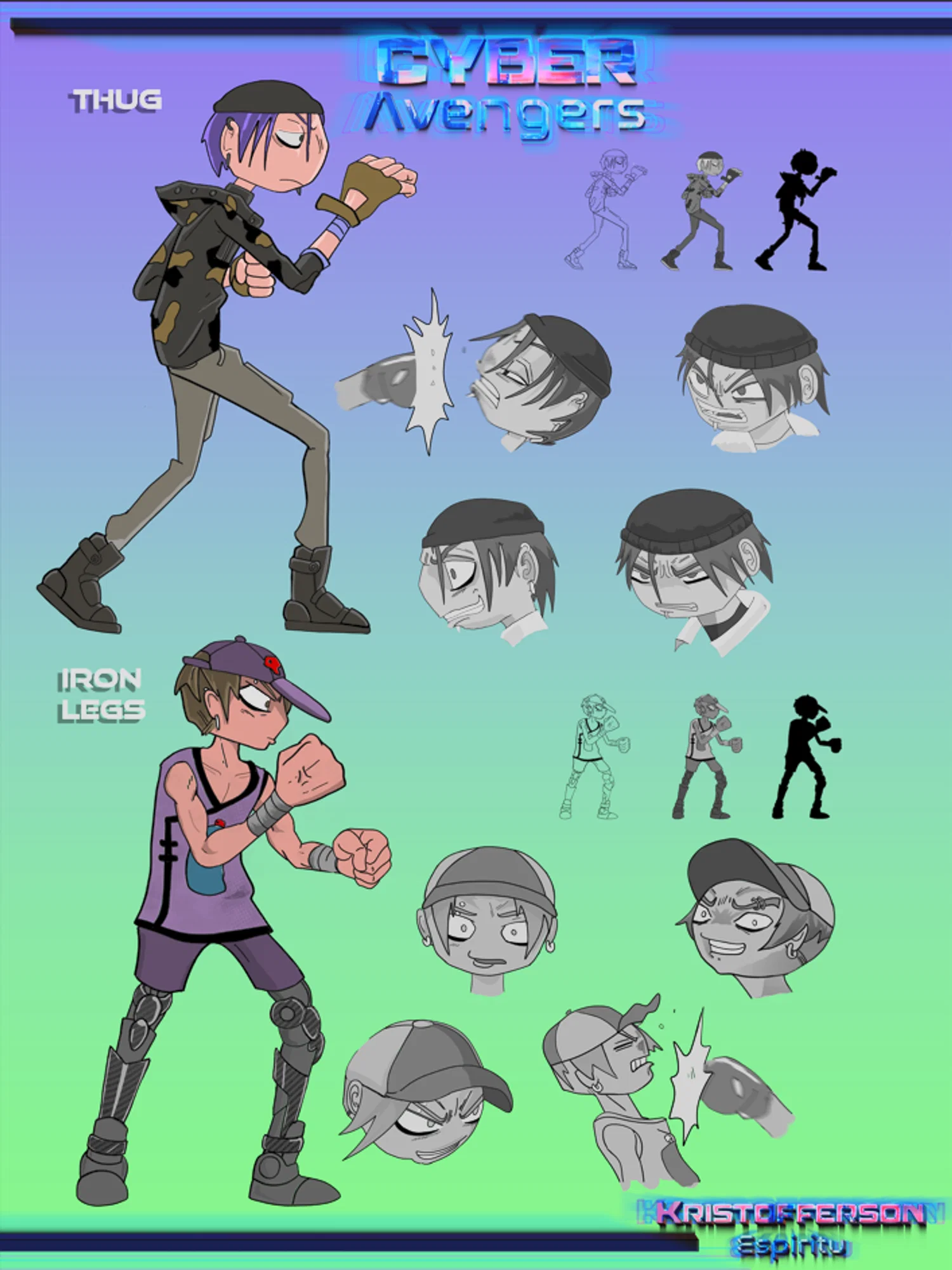 a character concept sheet with sprites, facial expressions and poses