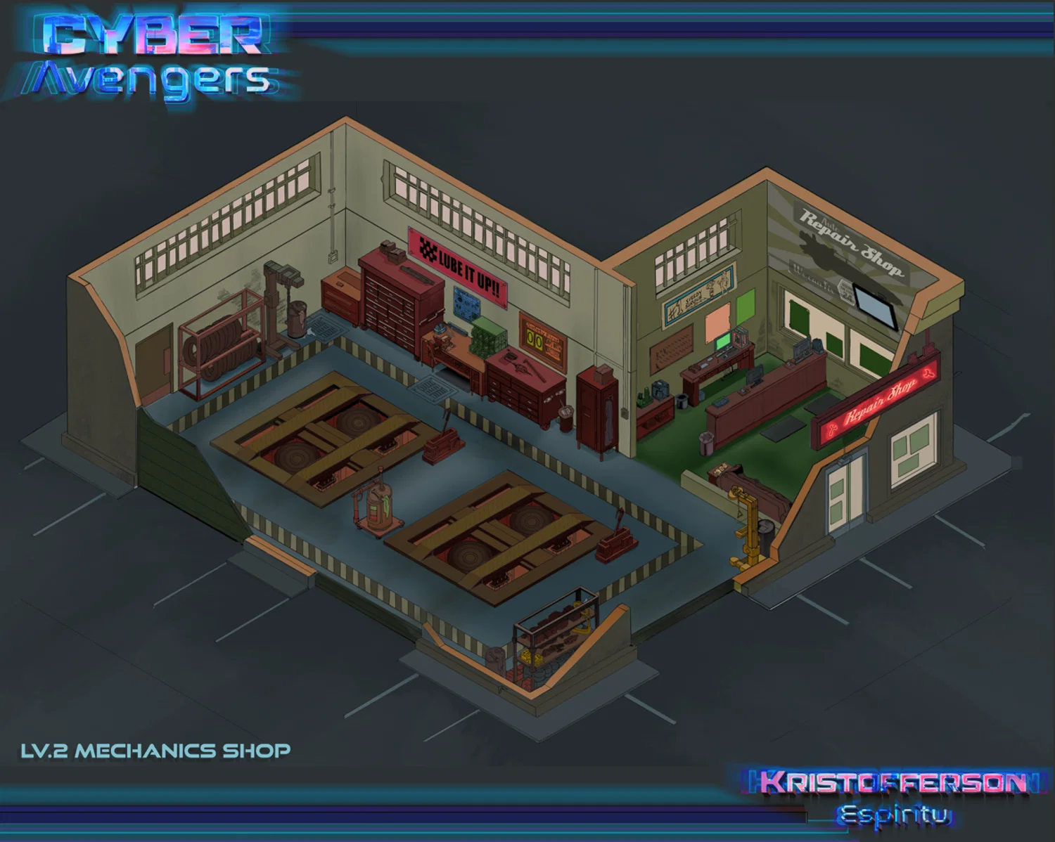 An Isometric drawing of a auto mechanics shop.