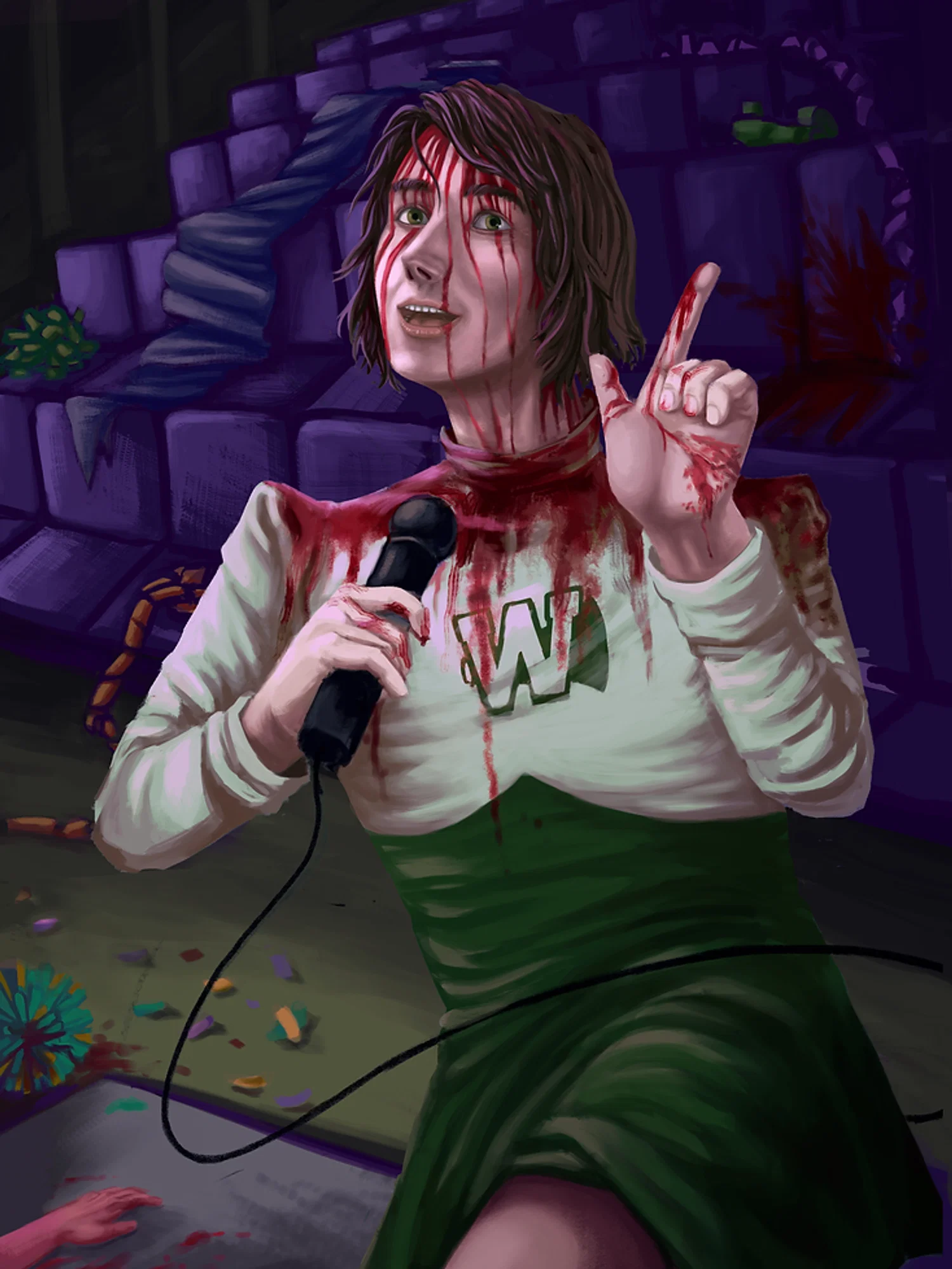 A portrait of a character in a green cheerleader dress, covered in blood and holding a microphone. The background is a theatre or auditorium with banners, ribbons and confetti strewn about.