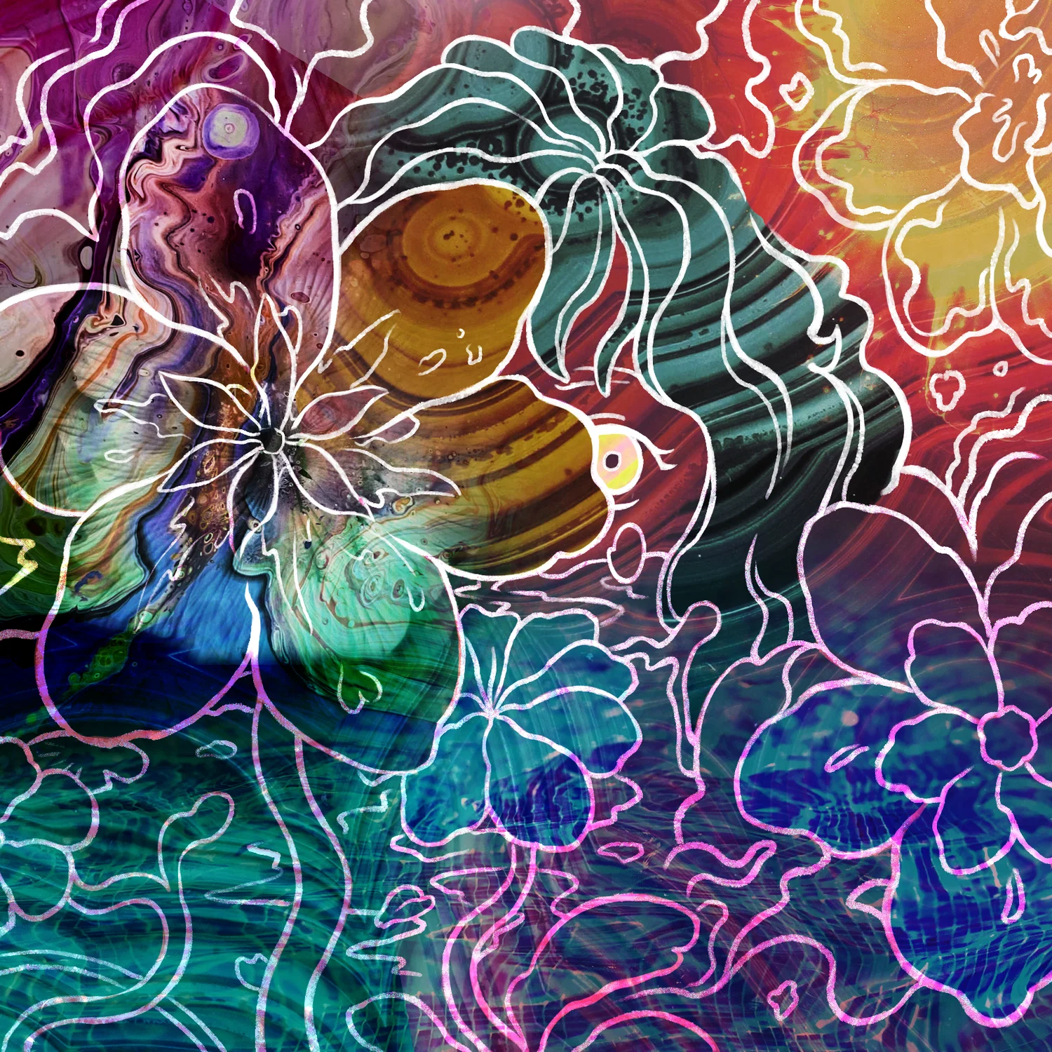 A drawing of a character's face partially hidden behind flowers. The medium is digital illustration and collage.