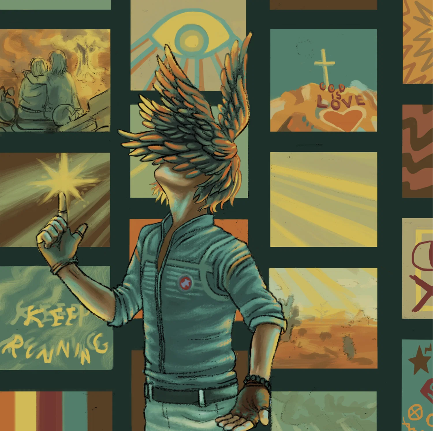 A digital illustration of a character in front of many screens. The character is depicted from the waist up and has wings sprouting out of his hair, covering his face. He is pointing and looking upwards, with a light positioned above his finger. The screens depict various text and scenes set in a desert. Text on the bottom left reads