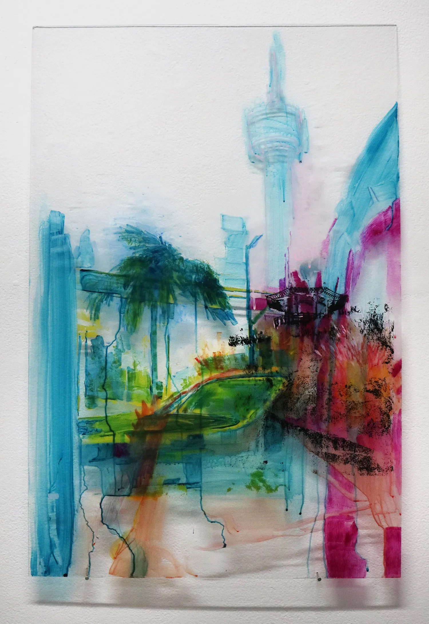 14 Hours is a series of experimental paintings that use plexiglass as a surface to capture the ephemerals of experiences. These are hanging on the wall to form a group of overlapping planes that are in parts transparent, translucent, and opaque. The viewer looks at—and through—the paintings, which display shifting surfaces, colors, and textures reflecting light and time.