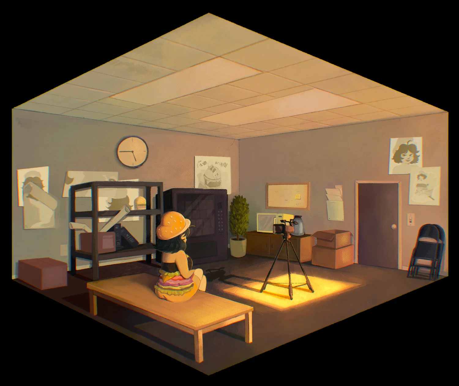 Illustration of Burger Babe with her turned away from the viewer, alone in a room, with nothing but a camera pointed at her.