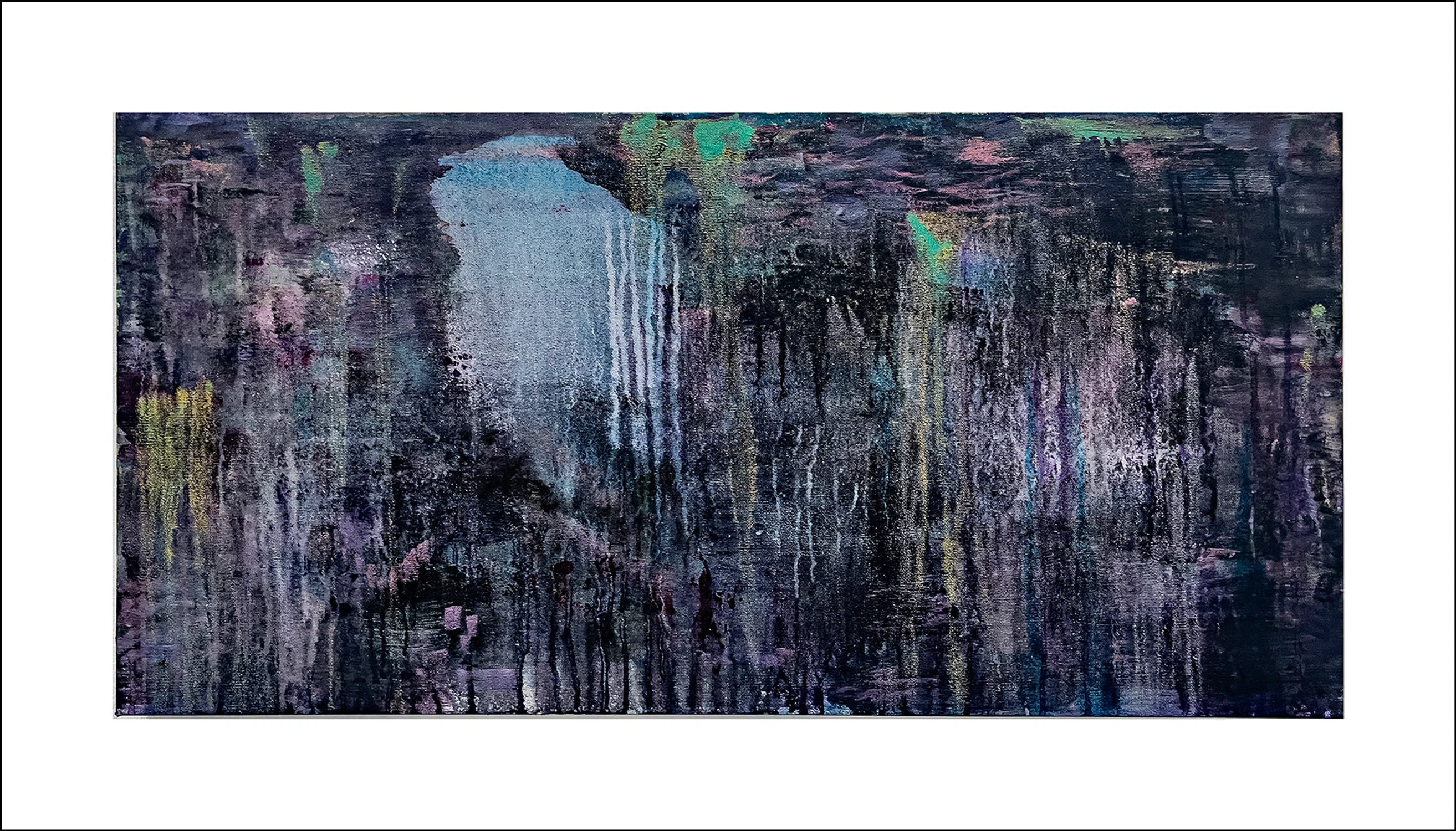 A horizontally longer abstract painting, primarily black with pops of iridescent colors throughout.