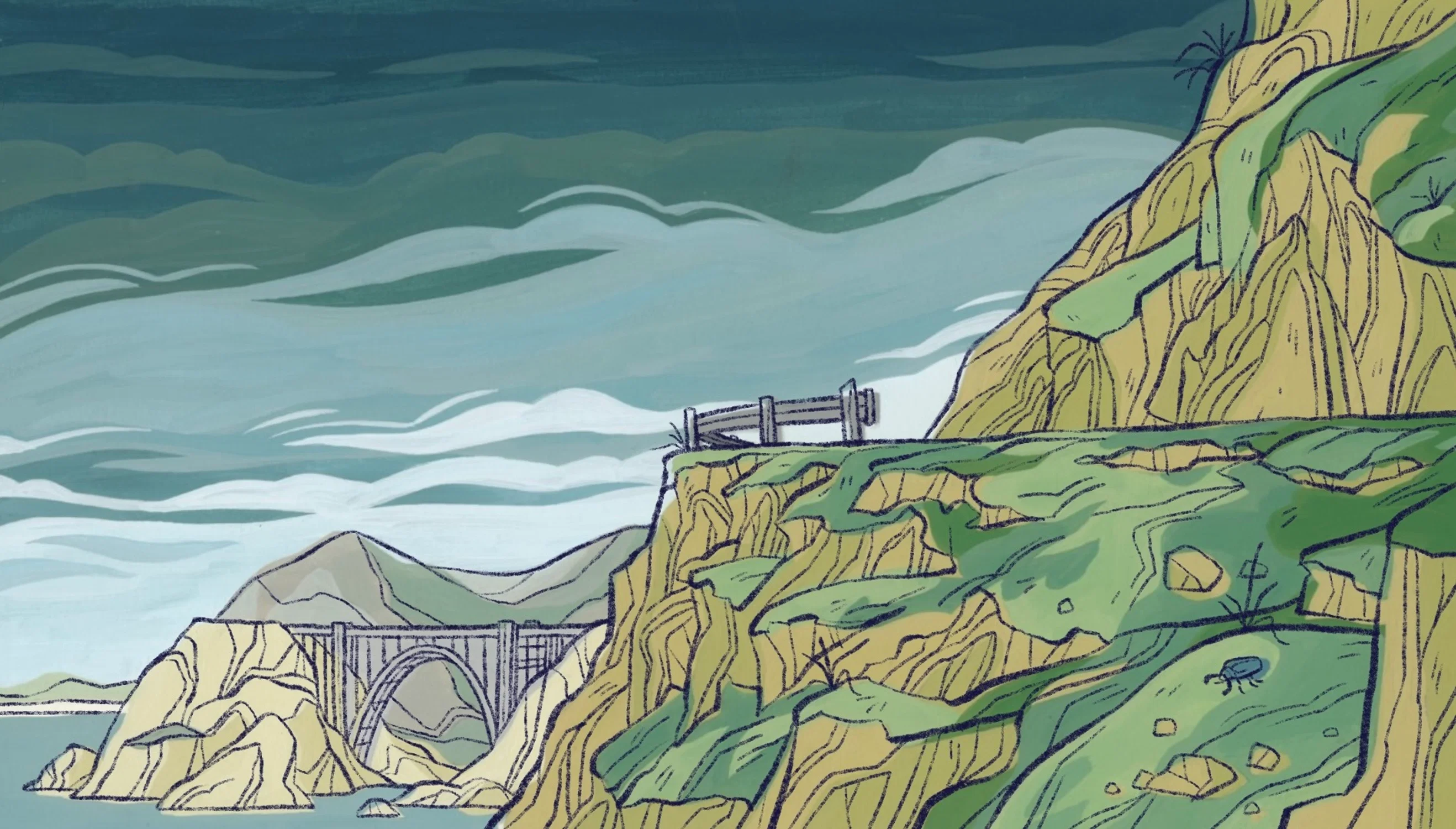 A landscape of the California coastline, painted in gouache with digitally overlaid linework.