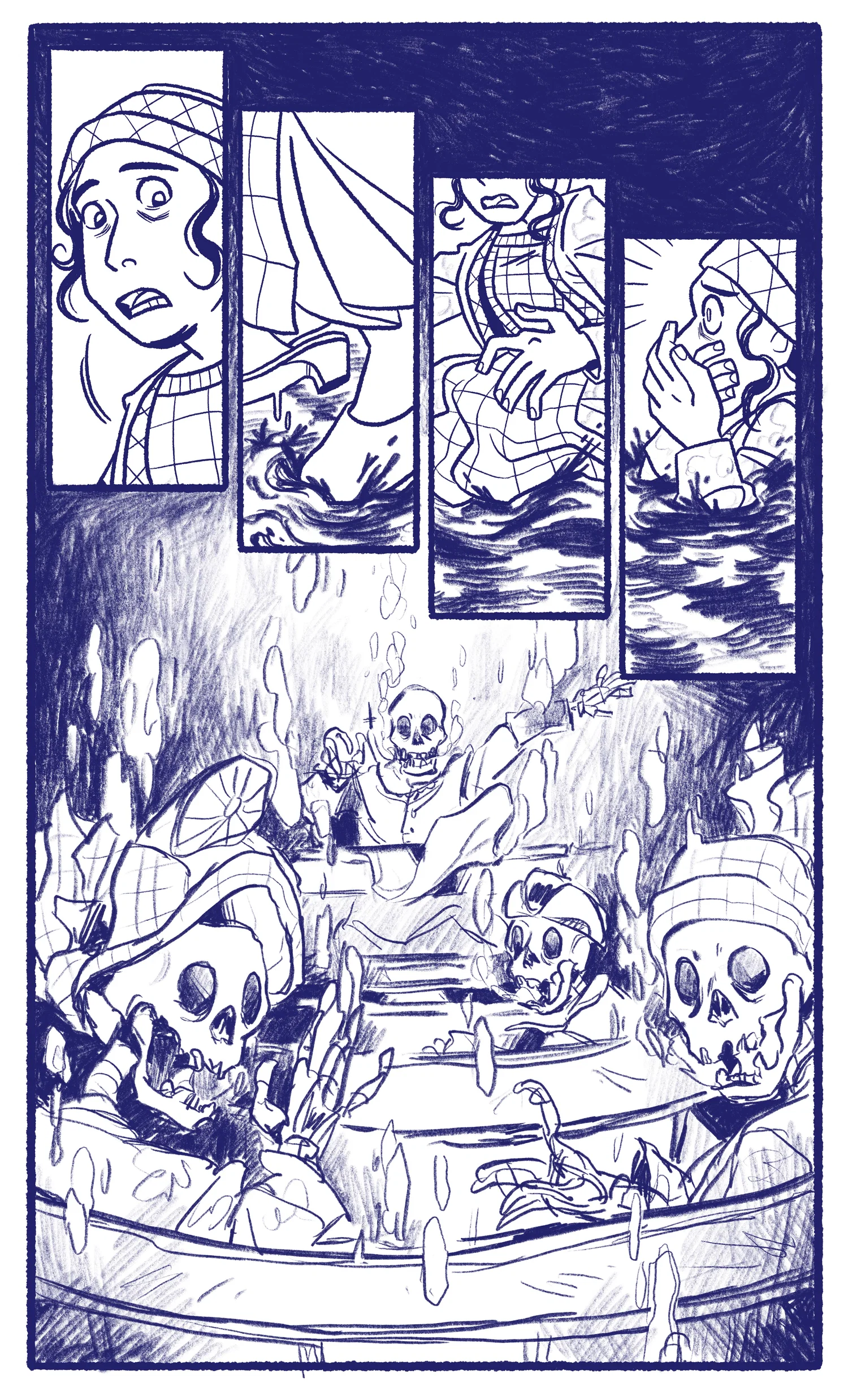 A page from a comic book, "De Vloed". A woman panics as a room fills with water.