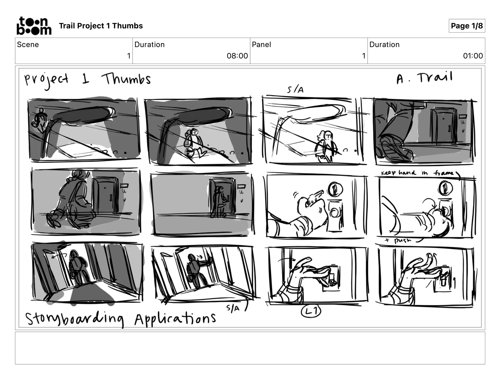 A grid of rough storyboarding panels about a detective story.