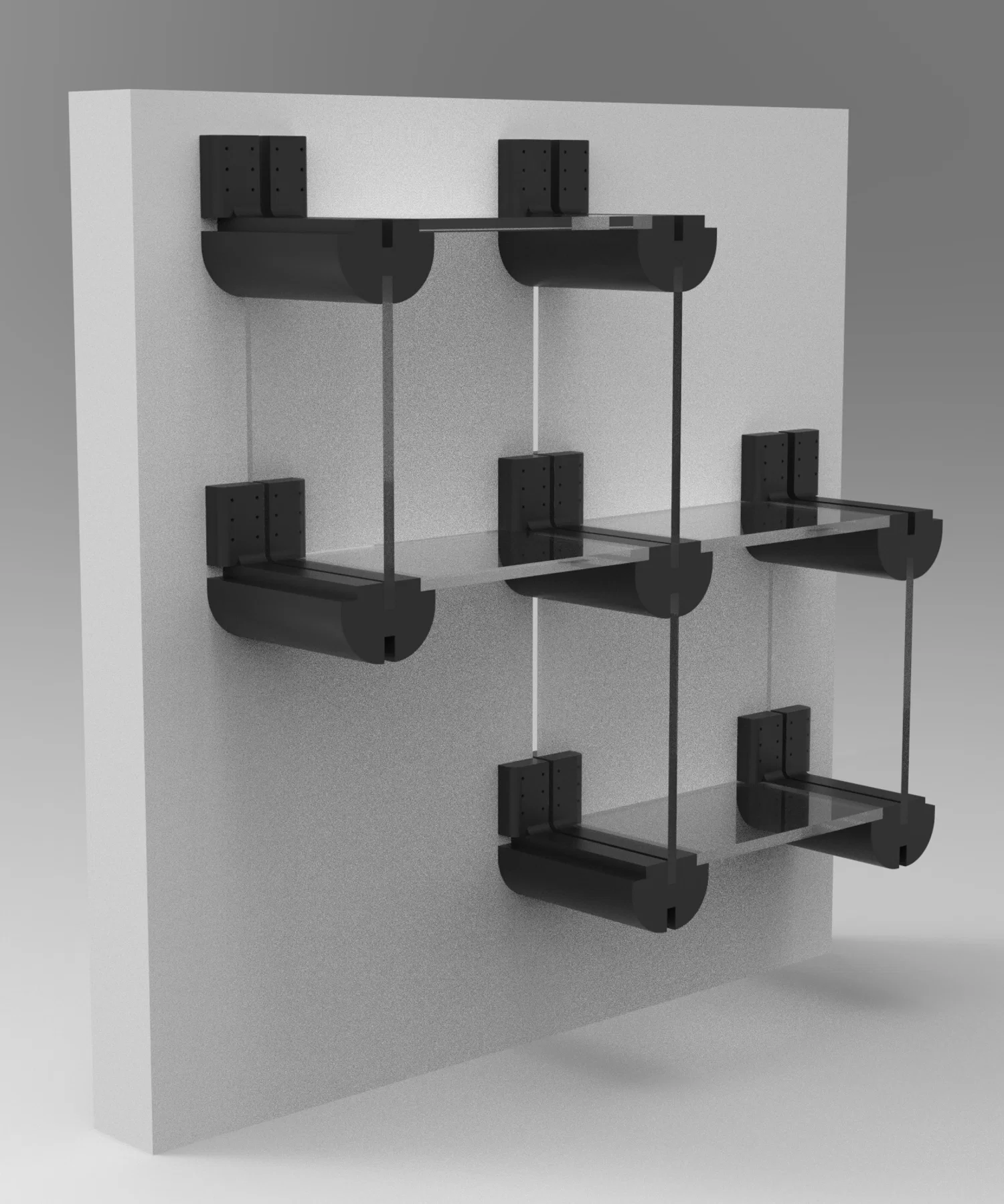 A 3D model of my shelving system with planes made of acrylic joined together by stylized black hinges.