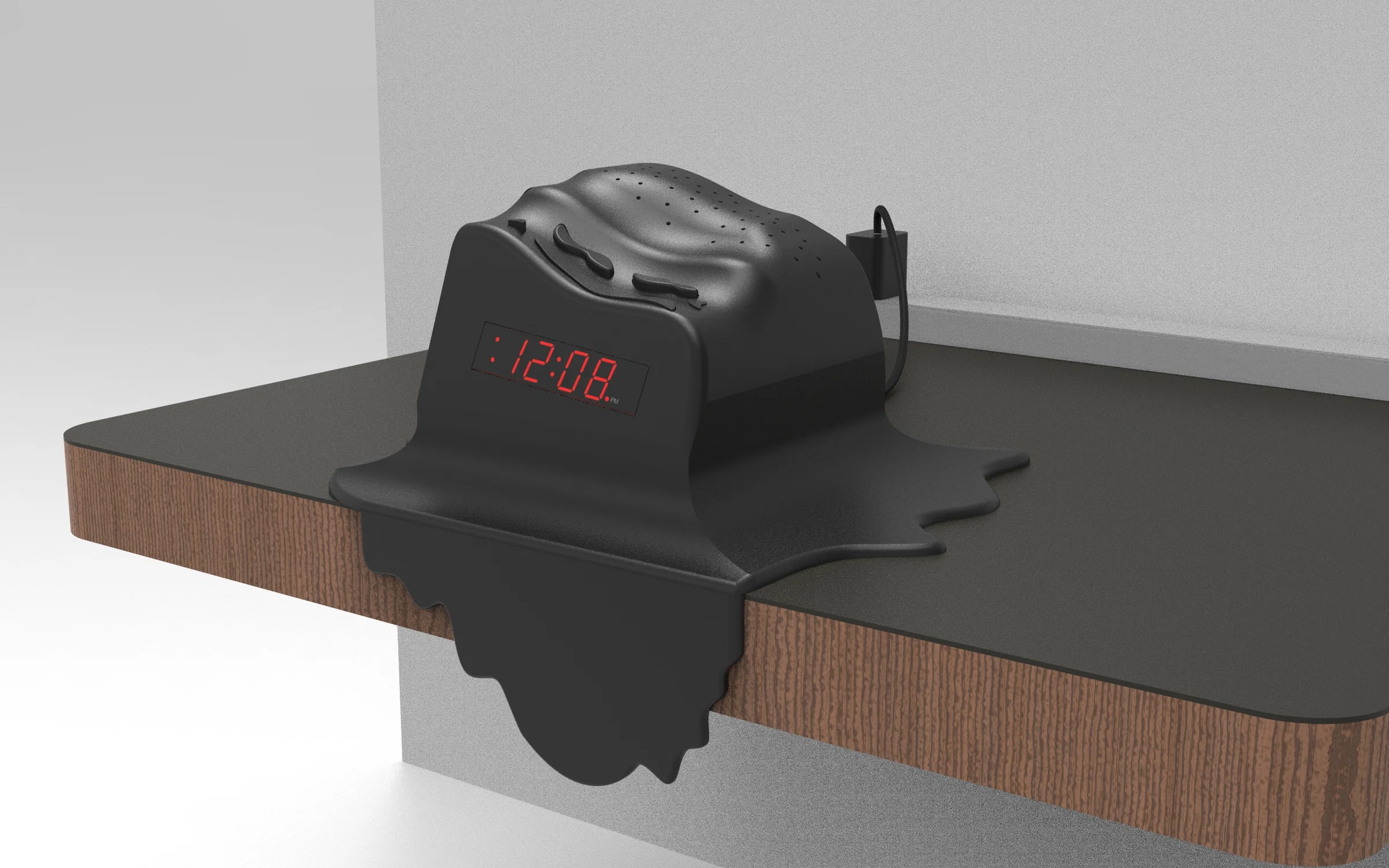 A 3D model of an alarm clock that looks like it is melting. It is placed on a 3D model of a desk for display proposes.