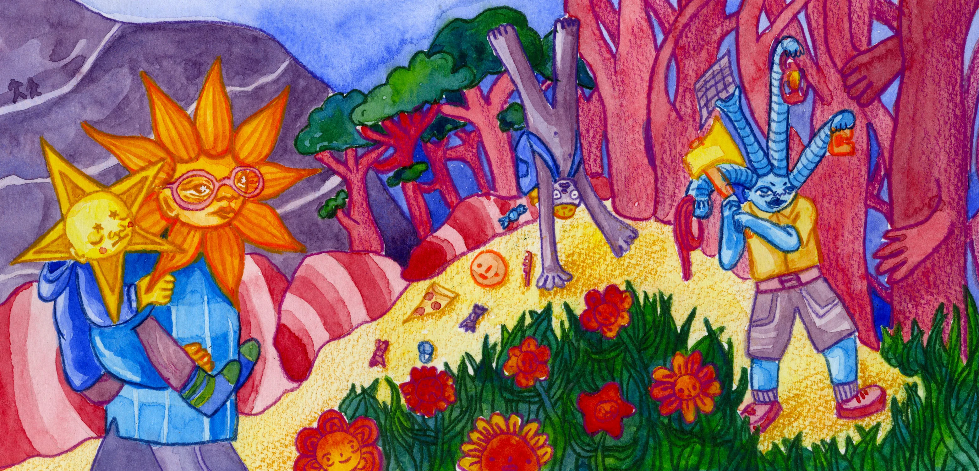 A star mom character holding a star baby, a purple joker walking on their hands, and an explore with tools walking through a magical forest.