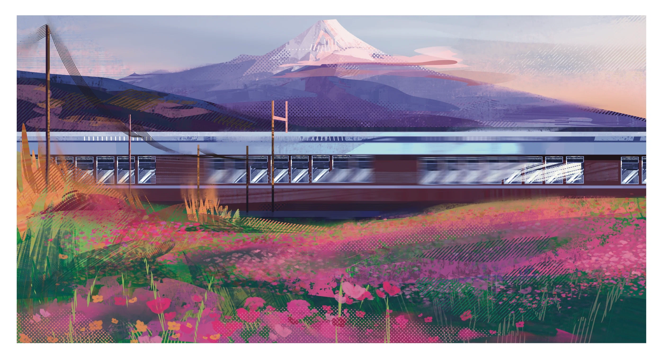 Painting of mount fuji with a train in front of it. Flowers and fields are in motion in front of the train ranging from colors of pink to orange