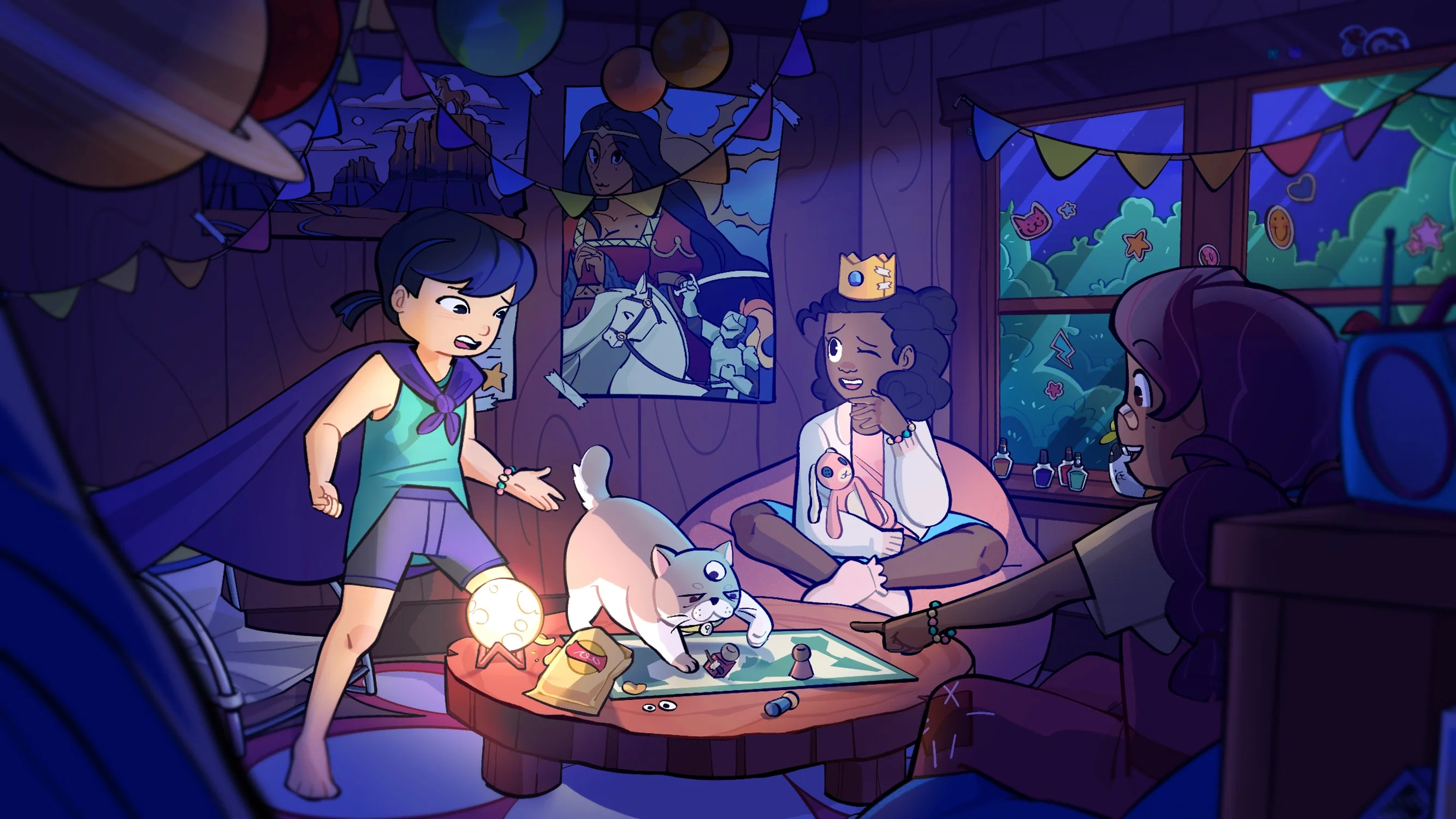 3 girls hanging out and playing dnd while a cat messes up the game.