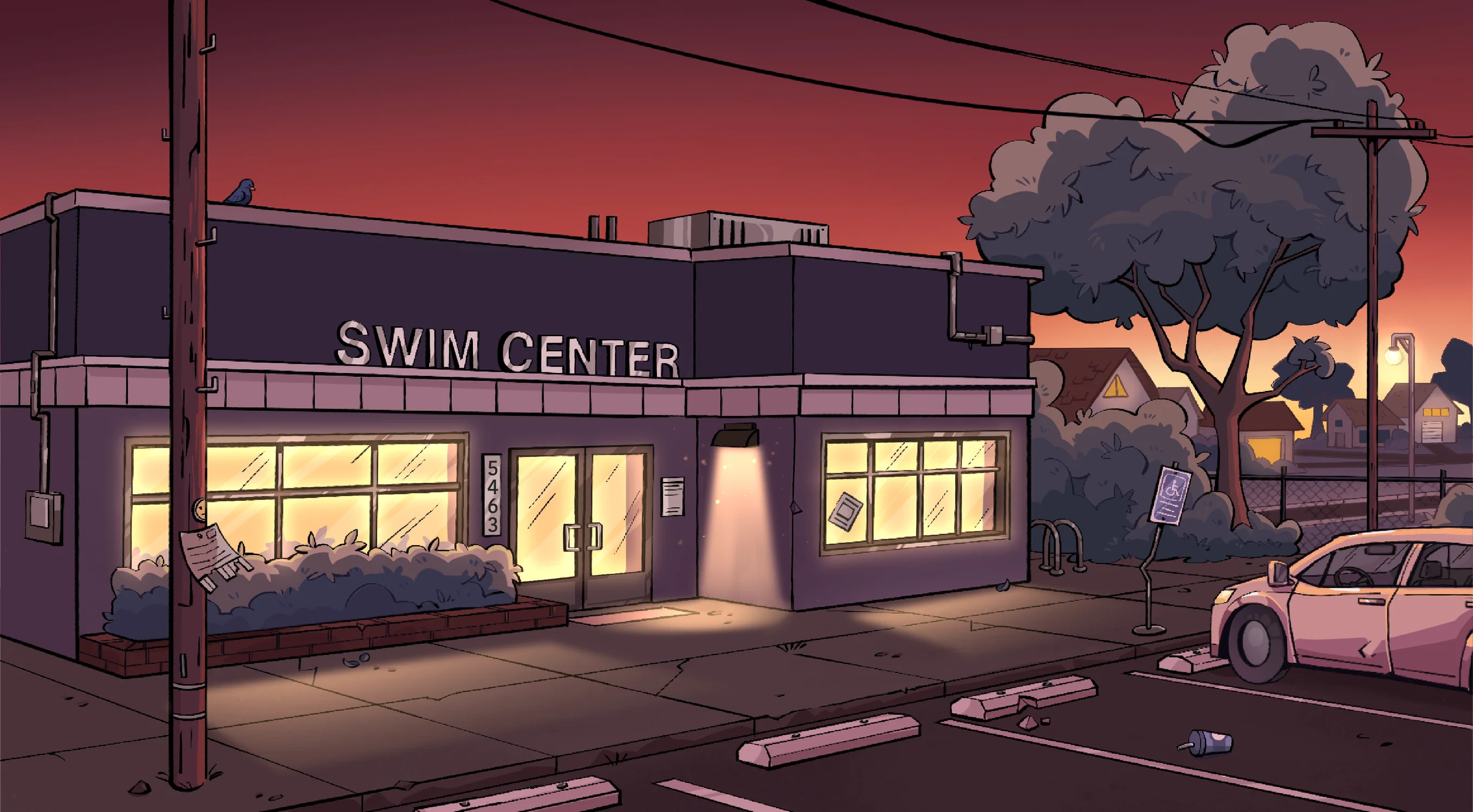 exterior of a swim center during a sunset