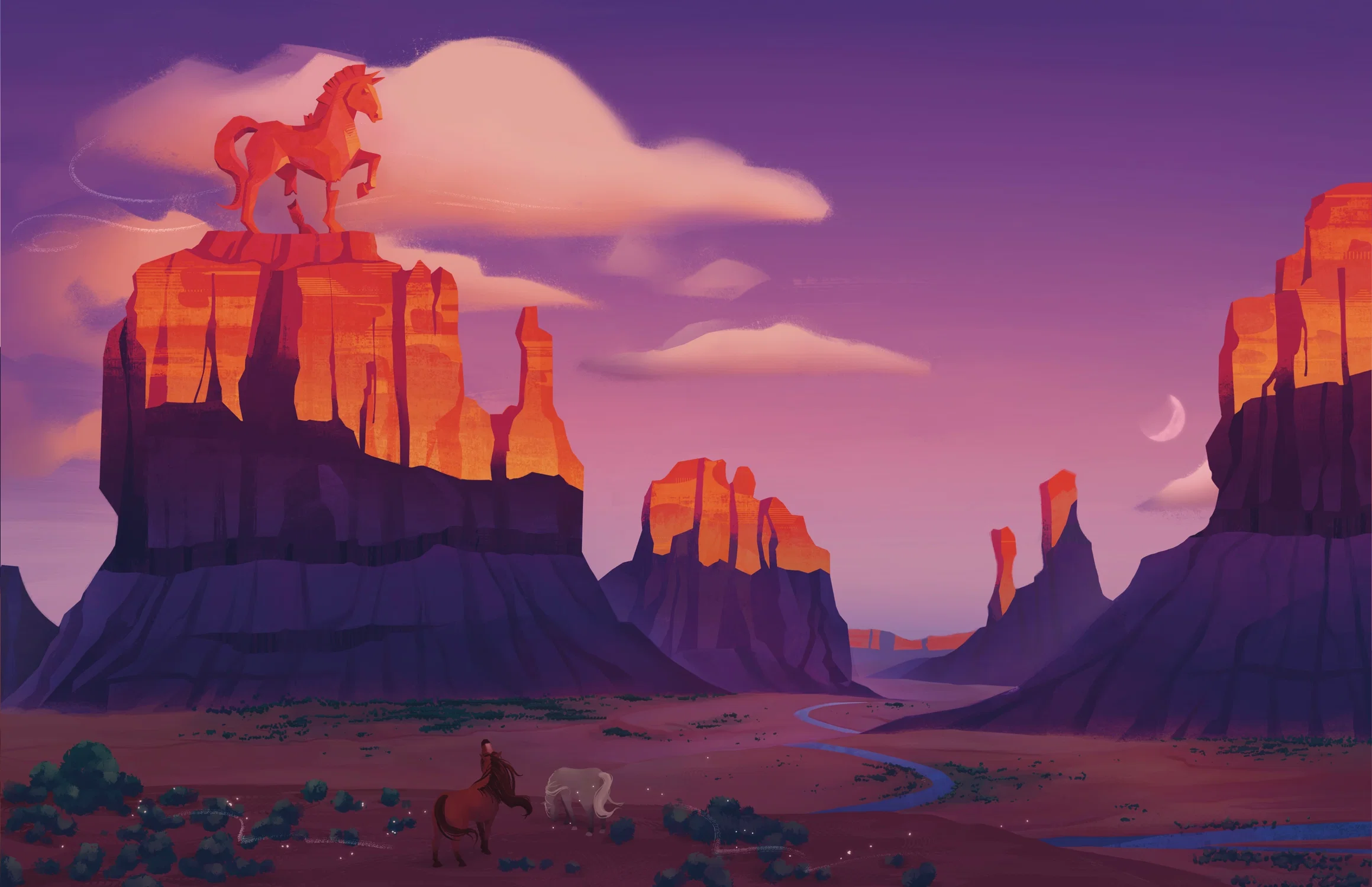 A pink to purple gradient mountain with horses looking up to a big horse statue in the distance