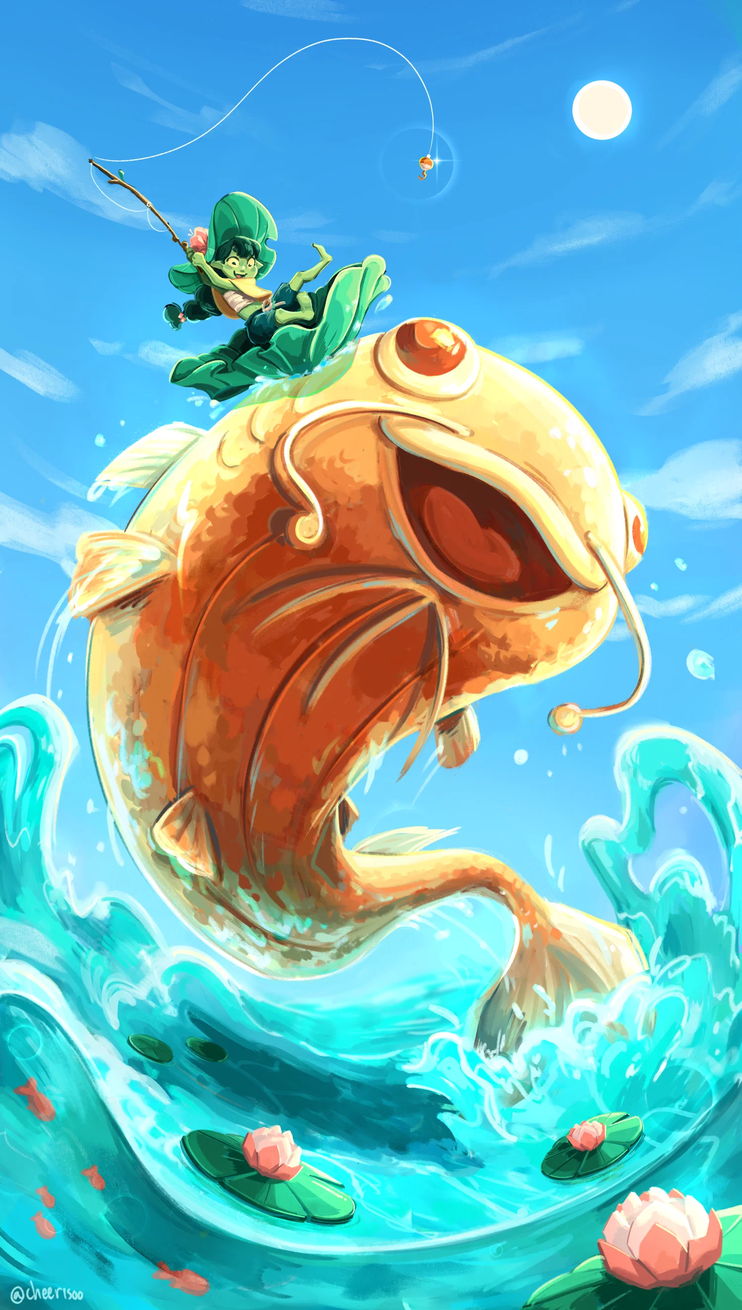 Lillie the Frog Girl fishing with her pet catfish - Story Illustration