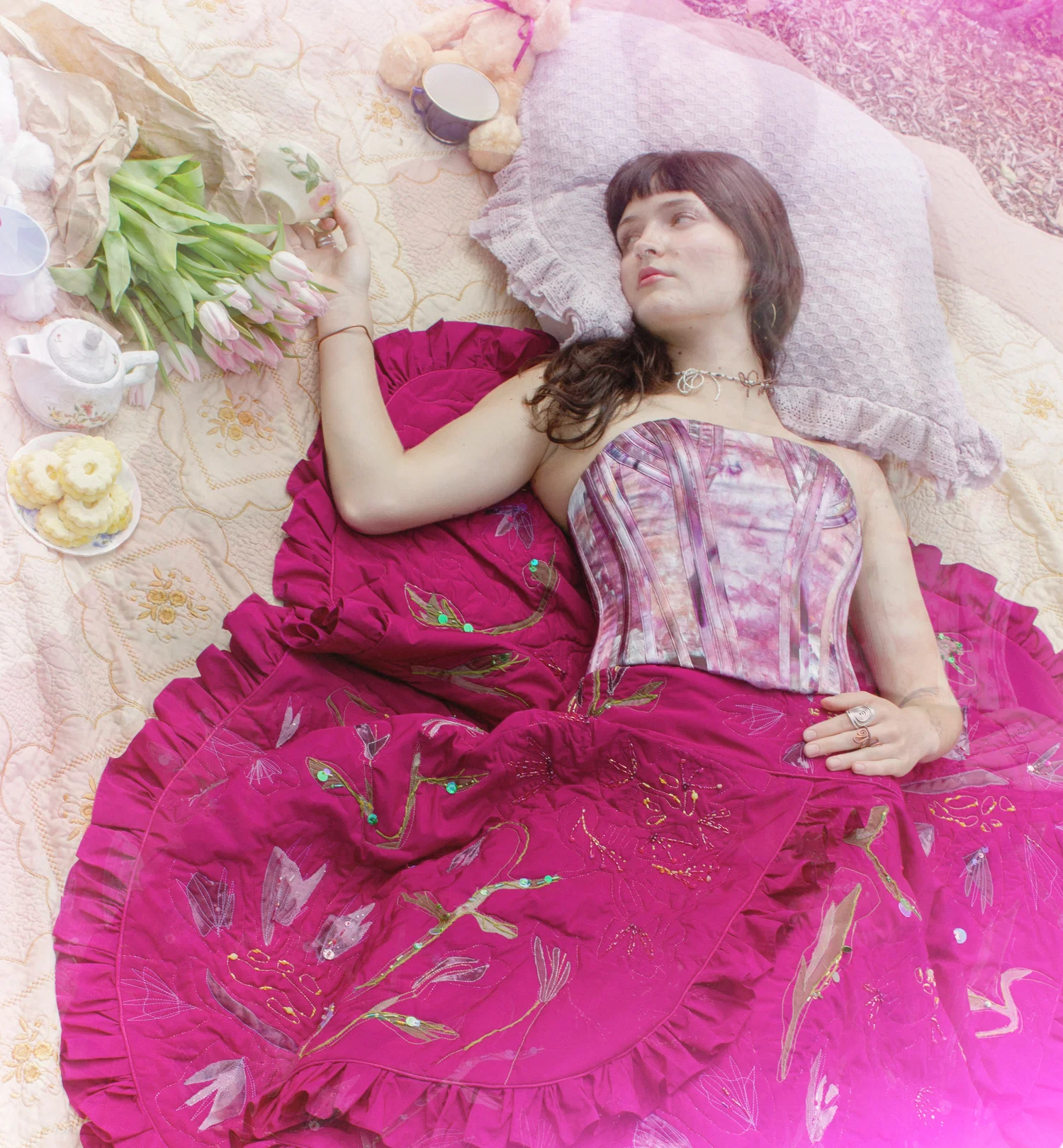 Pink Ice dyed corset and heavily quilted and beaded skirt, MaiTae Preece BFA Design Work