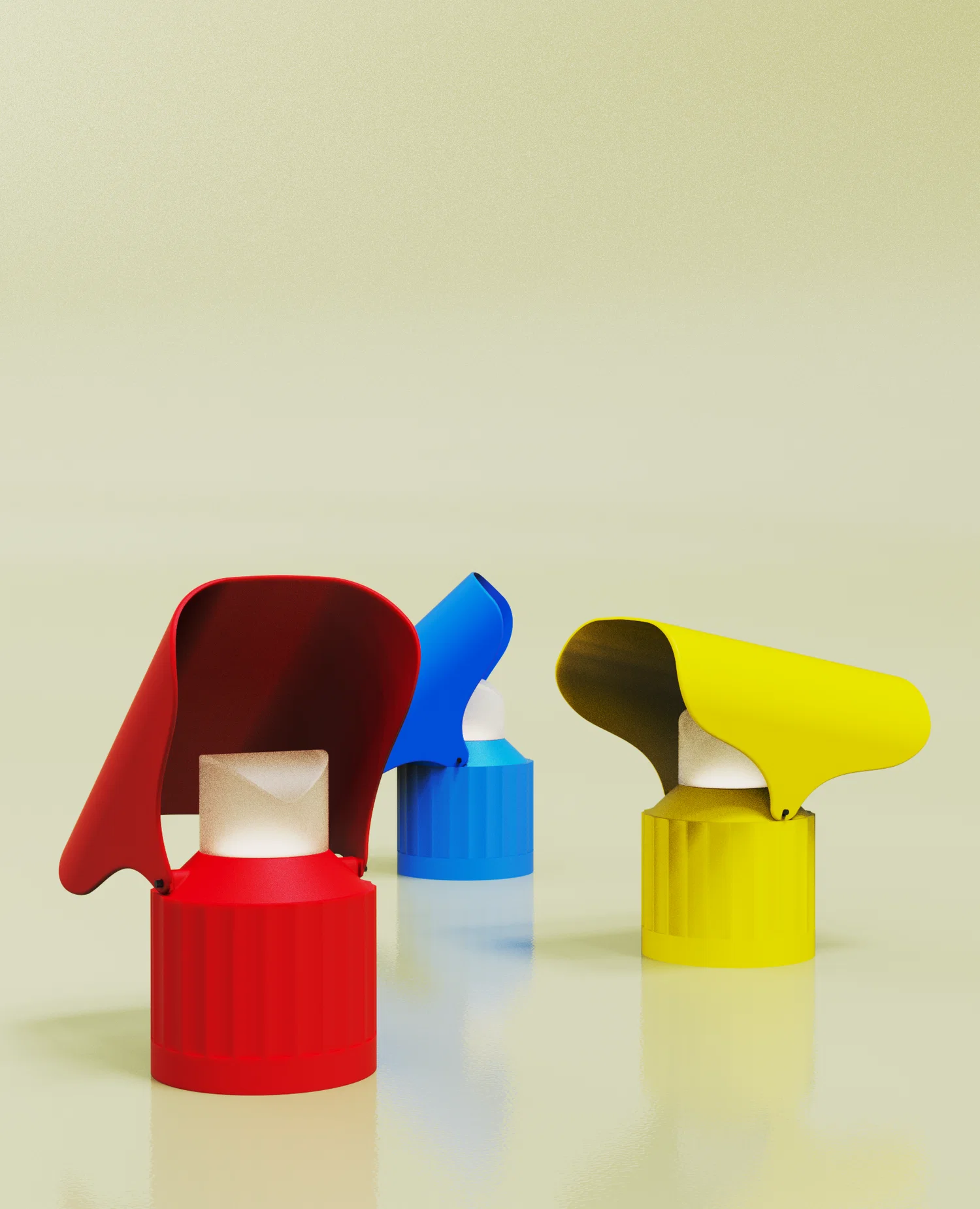 A playful trio of 3D-printed lamps in red, yellow, and blue—each designed with a built-in moving part that invites interaction. The pieces celebrate the bold simplicity of primary colors while exploring movement and light through form. Minimal yet kinetic, these lamps turn everyday lighting into a tactile experience.