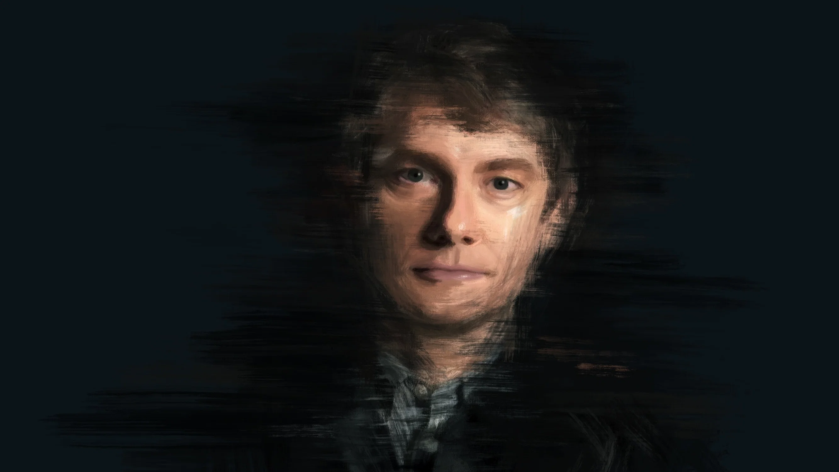 Style frame for BBC TV show Sherlock. title sequence. One of the main character Dr. Watson's (Martin Freeman) face is dawn by digital paintbrush.