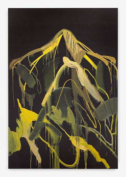Work by artist Andy Woll featuring yellow paint strokes over a dark background
