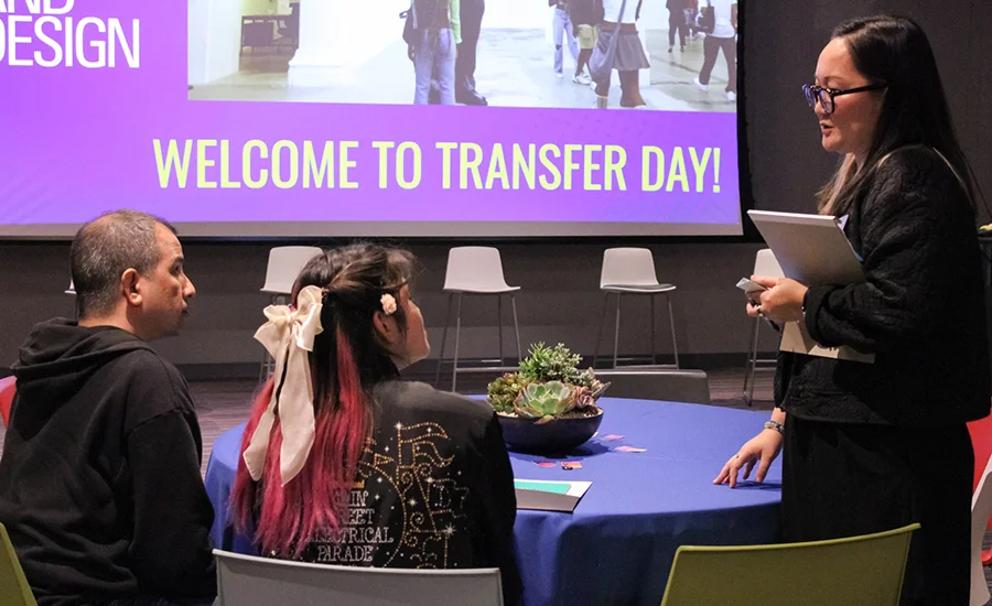 VP of Admissions and Financial Aid Yoi Tanaka (far right) greets families during a recent Transfer Day held at Otis College.