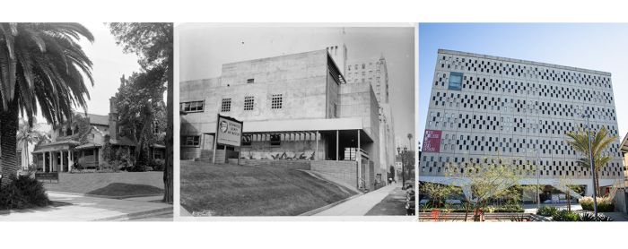 Three iterations of Otis College's main campus buildings.