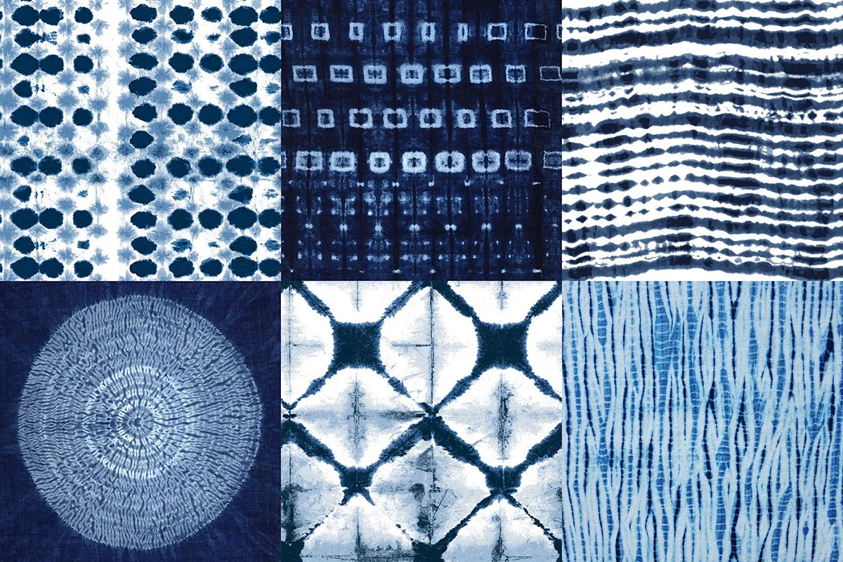 Handmade shibori-dye patterns made by Debra Valencia, who organizes a shibori workshop trip to Japan every year.