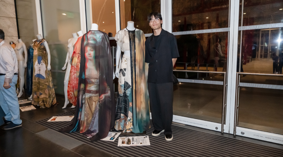 Shota Higuchi (’25 Fashion Design) with his Wear LACMA design. Photograph by Andre Hylton/Otis College of Art and Design.