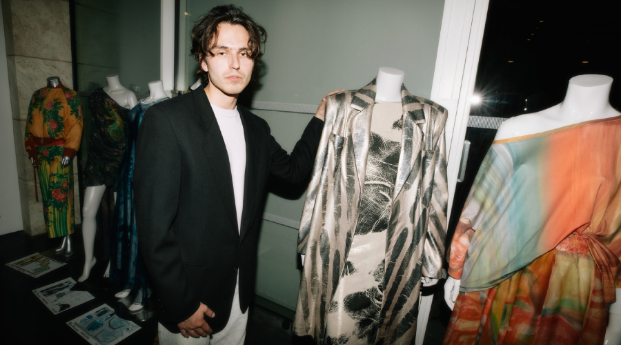 Ethan Prins (’25 Fashion Design) with his garment based on Henri Charles Guerard’s Monkey’s Hand. Photograph by Phoebe Hono/LACMA.