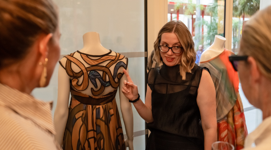 Erin Bond (’25 Fashion Design) discusses her Wear LACMA dress. Photograph by Andre Hylton/Otis College of Art and Design.