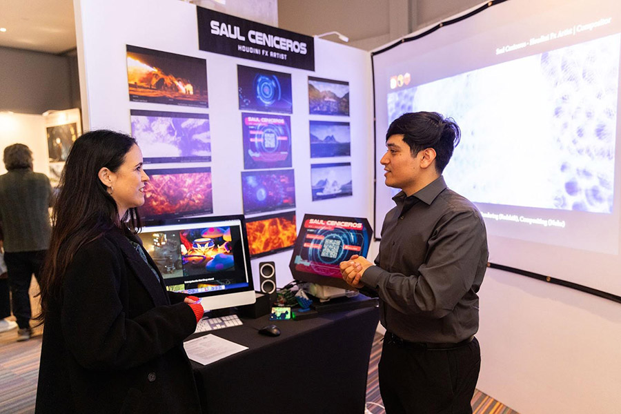 An Otis College student presents work during O-Launch Exhibition Weekend