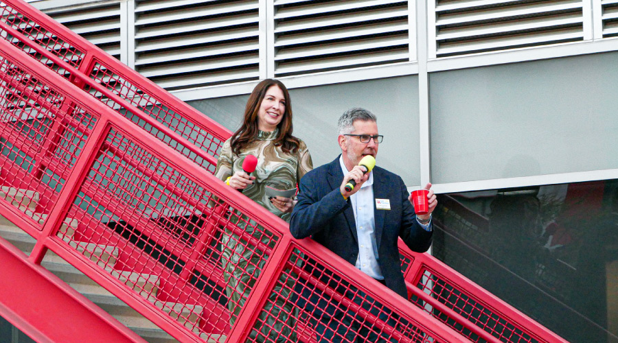 Jennifer Caveza and Greg Ahearn address the attendees of the networking reception. Photograph by Matthew Parish/Otis College of Art and Design.