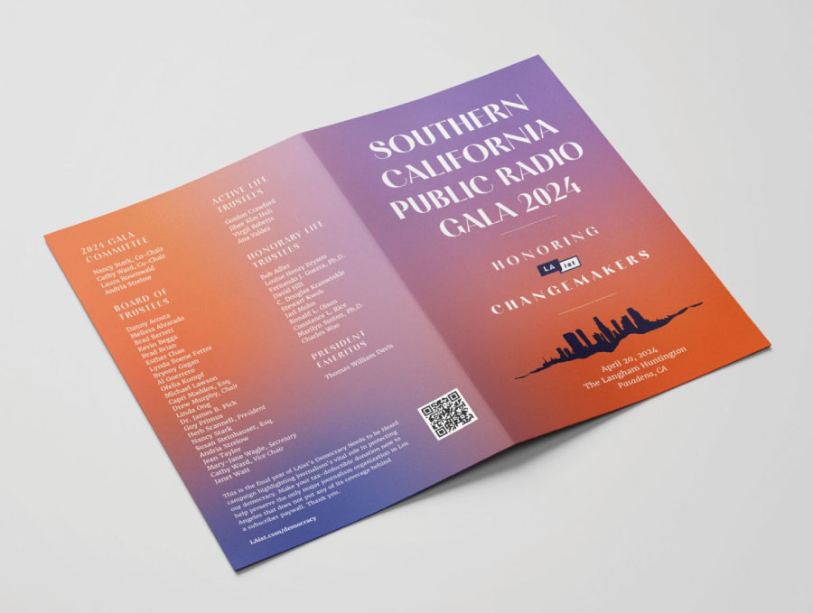 The program Nelly Le designed for Southern California Public Radio’s 2024 gala fundraiser. 