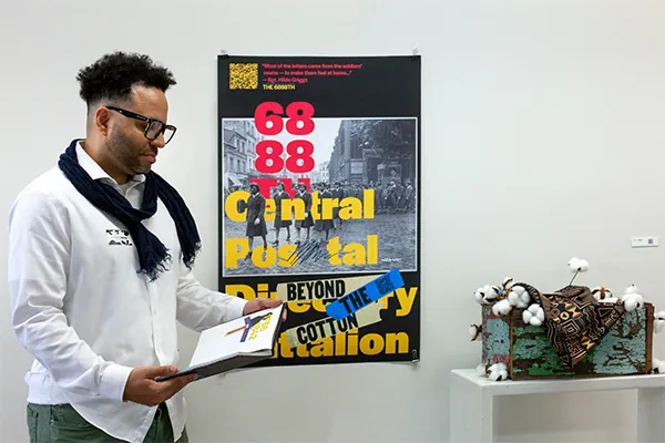 A guest looks at work in the Communication Arts exhibit during Otis College's O-Launch ’23 event.