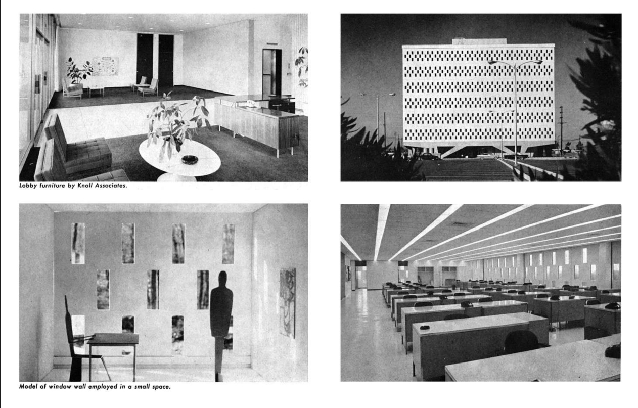 Detail shots of the exterior and interiors—including lobby and office furniture by Knoll Associates. Arts and Architecture, October 1964.
