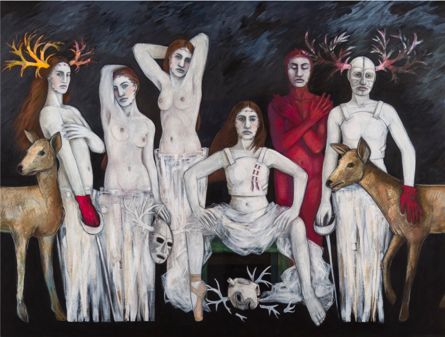 Judithe Hernández, Les Desmoiselles del Barrio, 2013 (pastel mixed-media on archival wood panel, 60 by 80 inches)