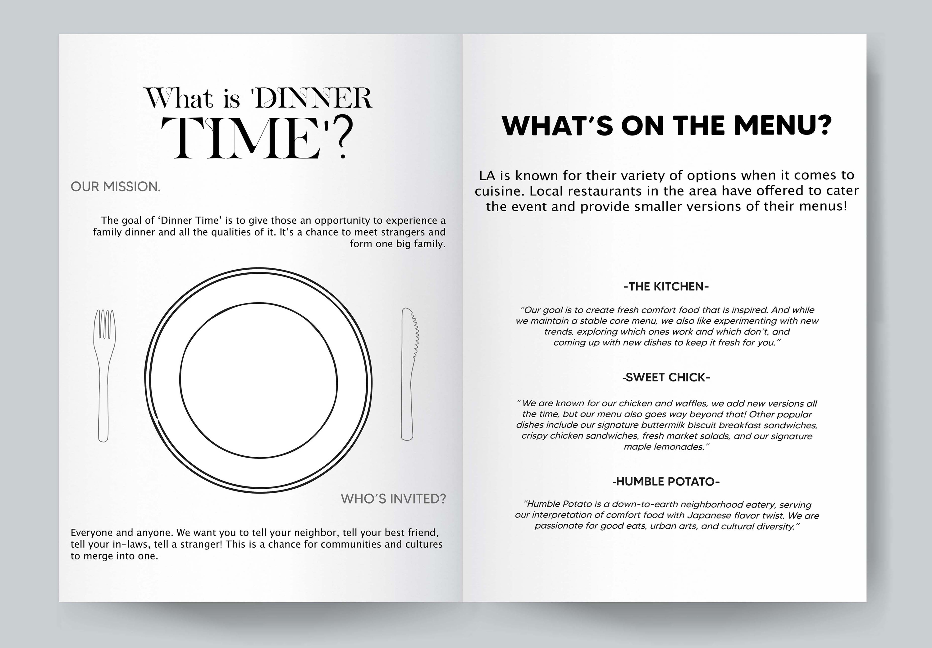 A spread of a booklet for a food based event titled Dinner Time.