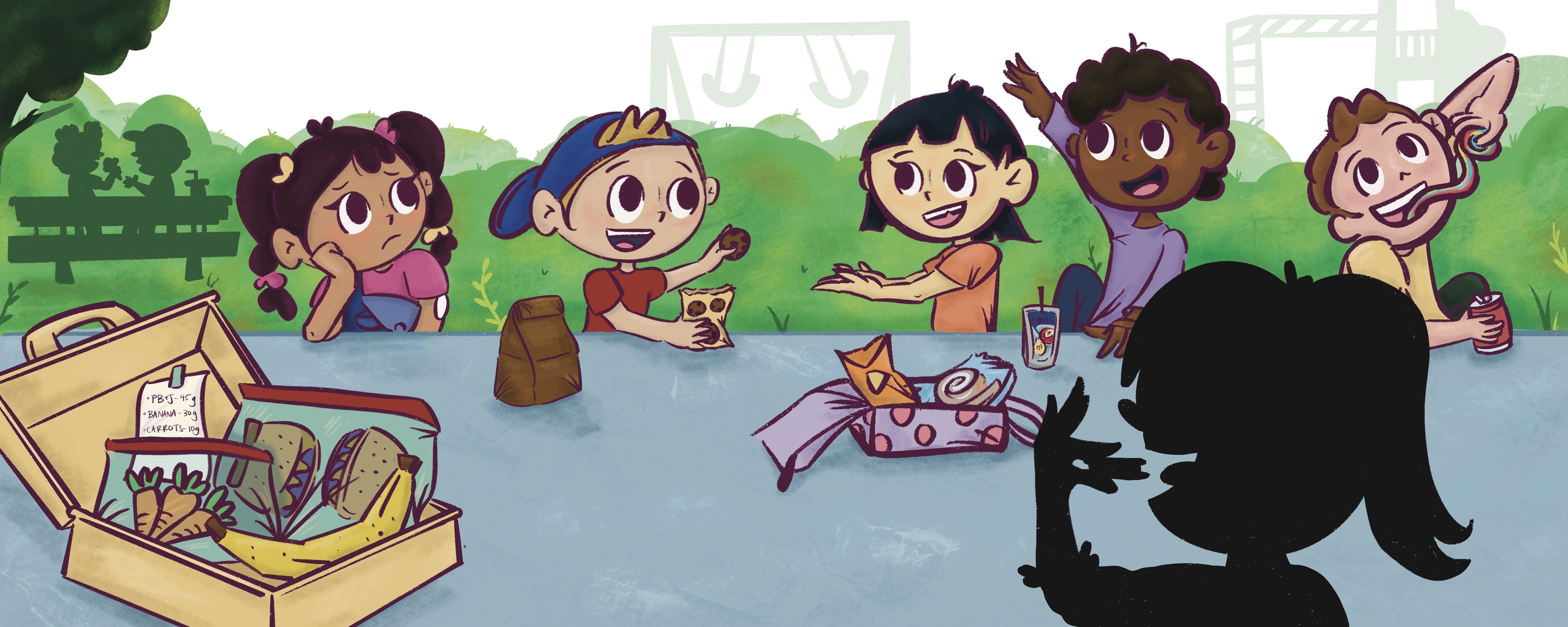 Spread of kids eating during Recess from children's book 'Diabuddies"