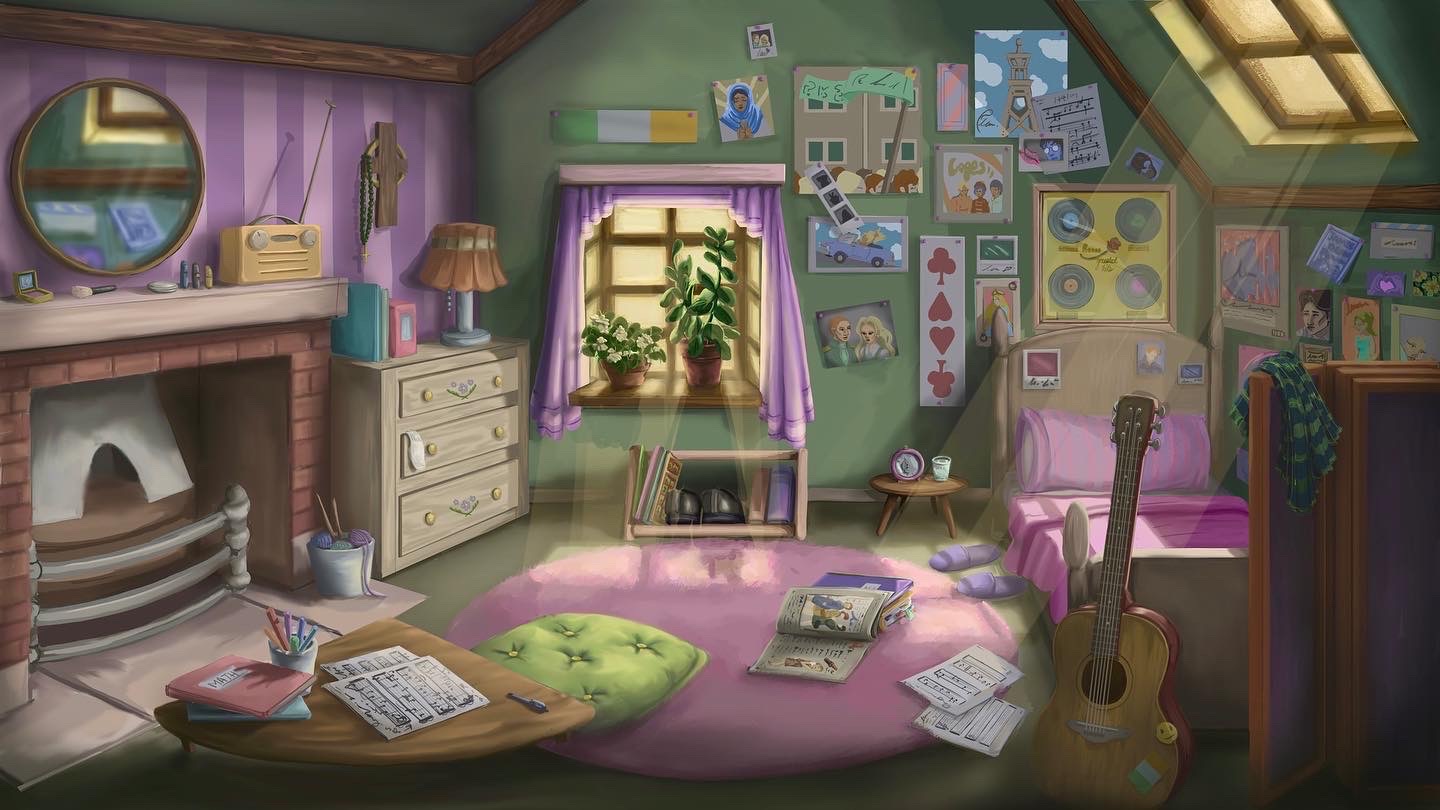 An environmental bedroom painting of a young aspiring female musician circa 1950s Belfast.