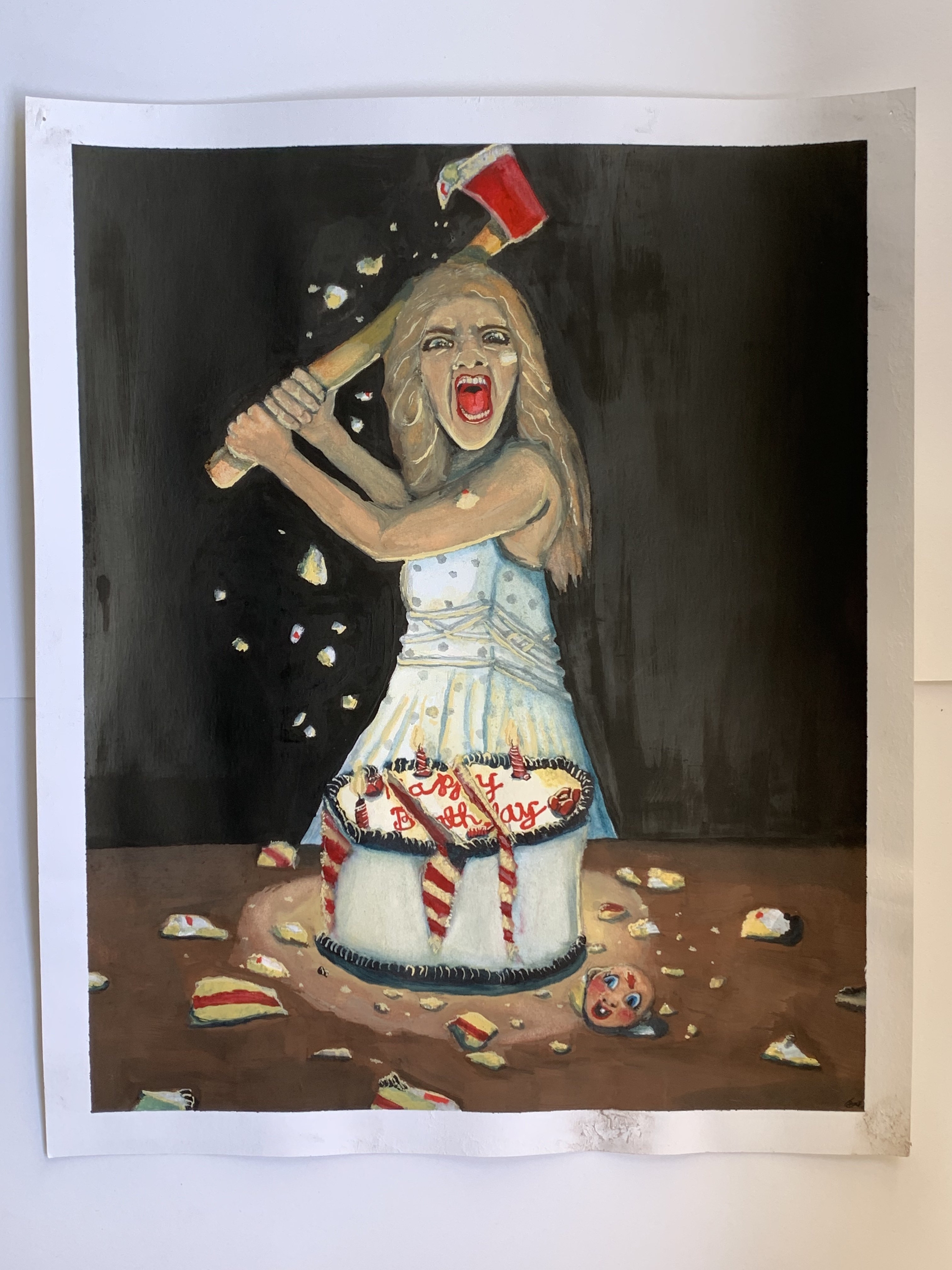 A gouache painting featuring a young woman in a white dress attacking a birthday cake with an axe. It is an illustration for the movie, Happy Death Day. The detail on the cake looks delicious, but the cake is a lie, because it was sent by the killer, Babyface, whose mask can be seen laying on the table.