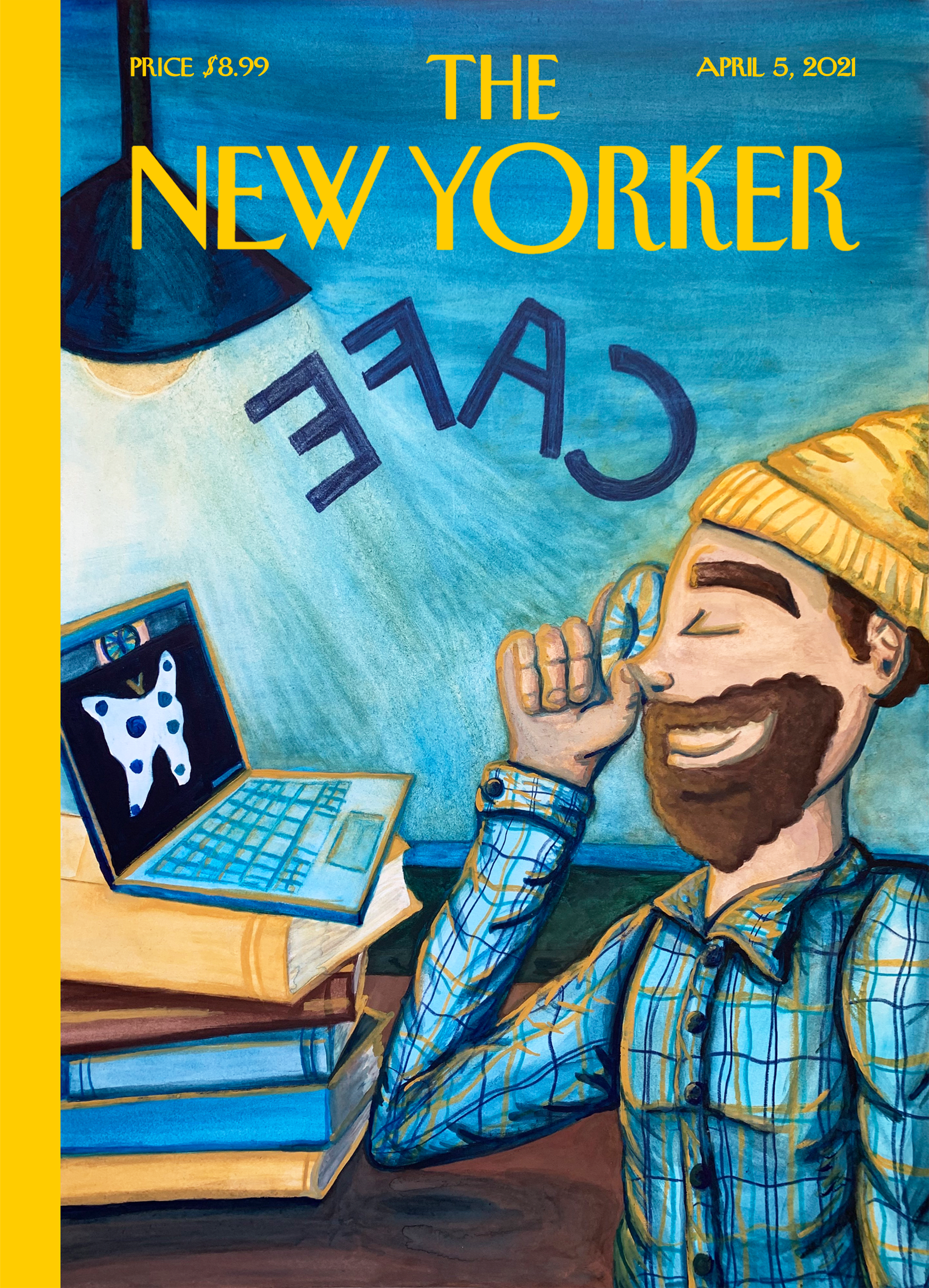 A watercolor and colored pencil illustration for a mock cover of The New Yorker. It is mainly blue and yellow, and features the mascot Eustace, looking at the signature spotted butterfly on Zoom on a laptop, through a blue and yellow rainbow bagel at a cafe. It is bright and energetic.