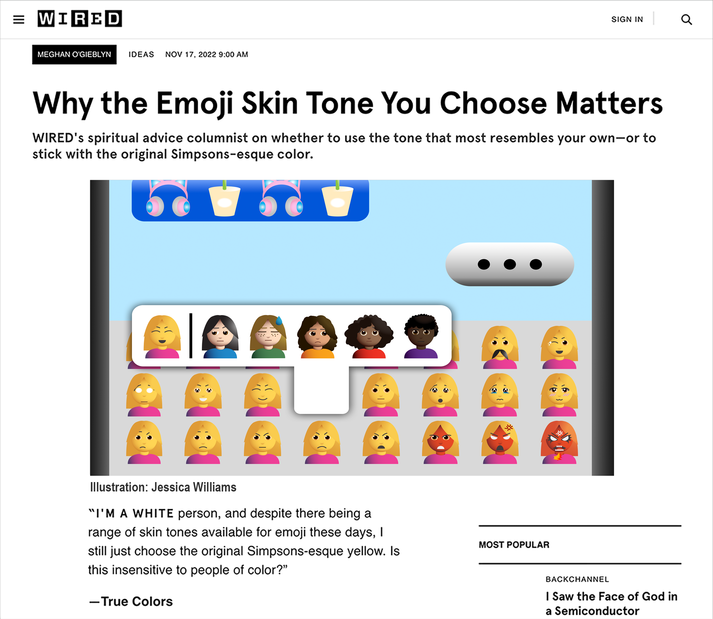 A digital Editorial Illustration of the Emoji Keyboard on a phone for the magazine WIRED. The article discusses whether using the yellow emoji skin tone is insensitive to people of color, as it usually refers to someone white. Hence, the illustrated keyboard features mainly yellow female emojis, while diverse human emojis are contained within a small option box.