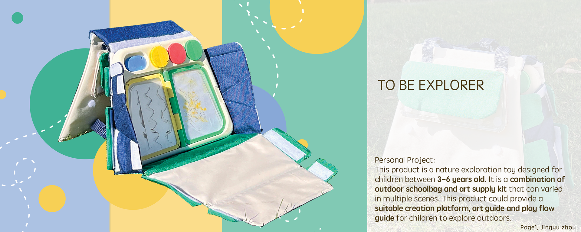 This product is a nature exploration toy designed for children between 3-6 years old. It is a combination of outdoor schoolbag and art supply kit that can varied in multiple scenes. This product could provide a suitable creation platform, art guide and play flow guide for children to explore outdoors.