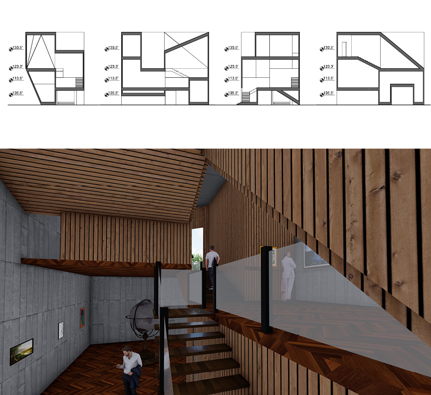 This is Sections, and Rendered interior view from Studio 1: Scale, Structure and Space