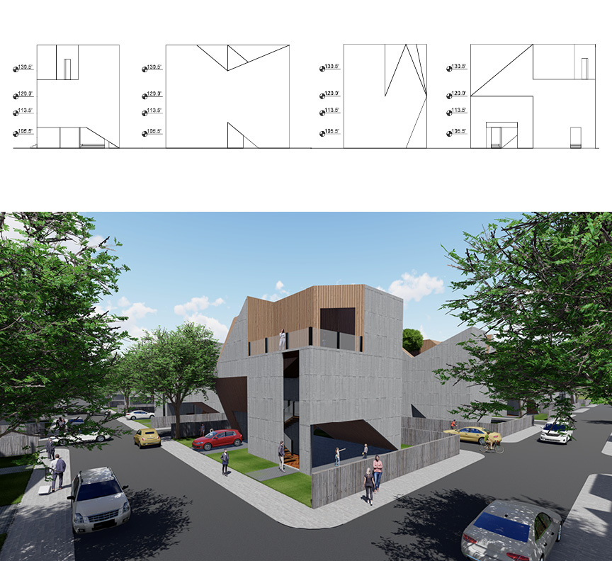 This is Elevations, and Rendered exterior view from Studio 1: Scale, Structure and Space