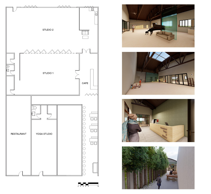 This is a Plan, and Rendered interior view from Studio 3: Interior