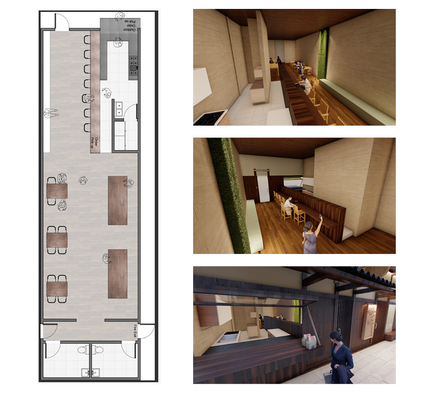 This is a Plan, and Rendered interior view from Studio 3: Interior 