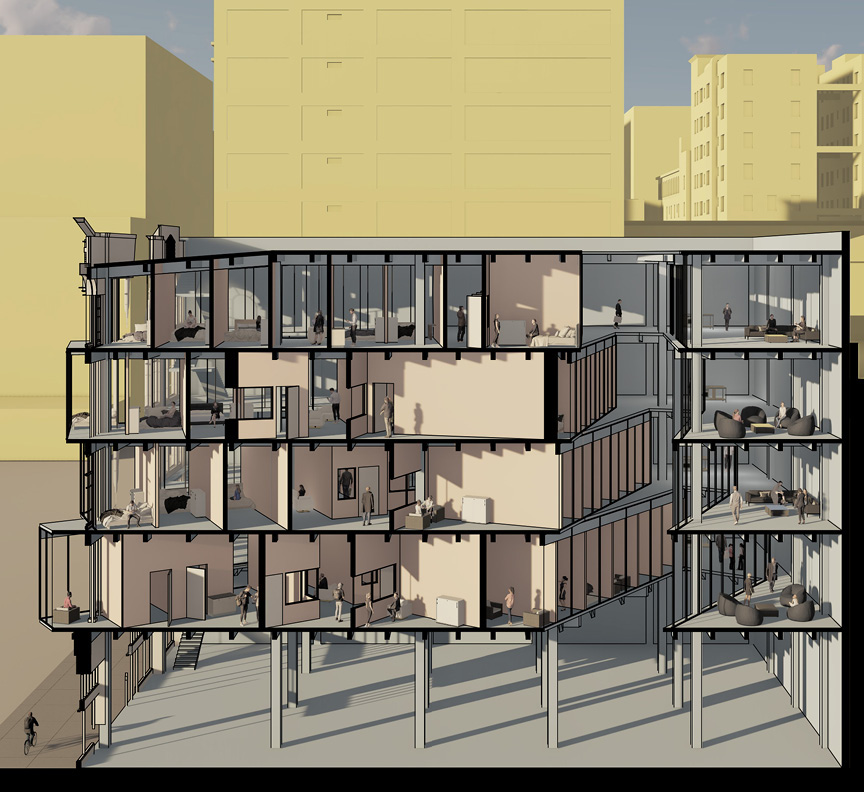 This is a Rendered section view from Studio 4: Interior Architecture
