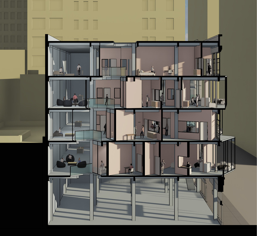 This is a Rendered section view from Studio 4: Interior Architecture