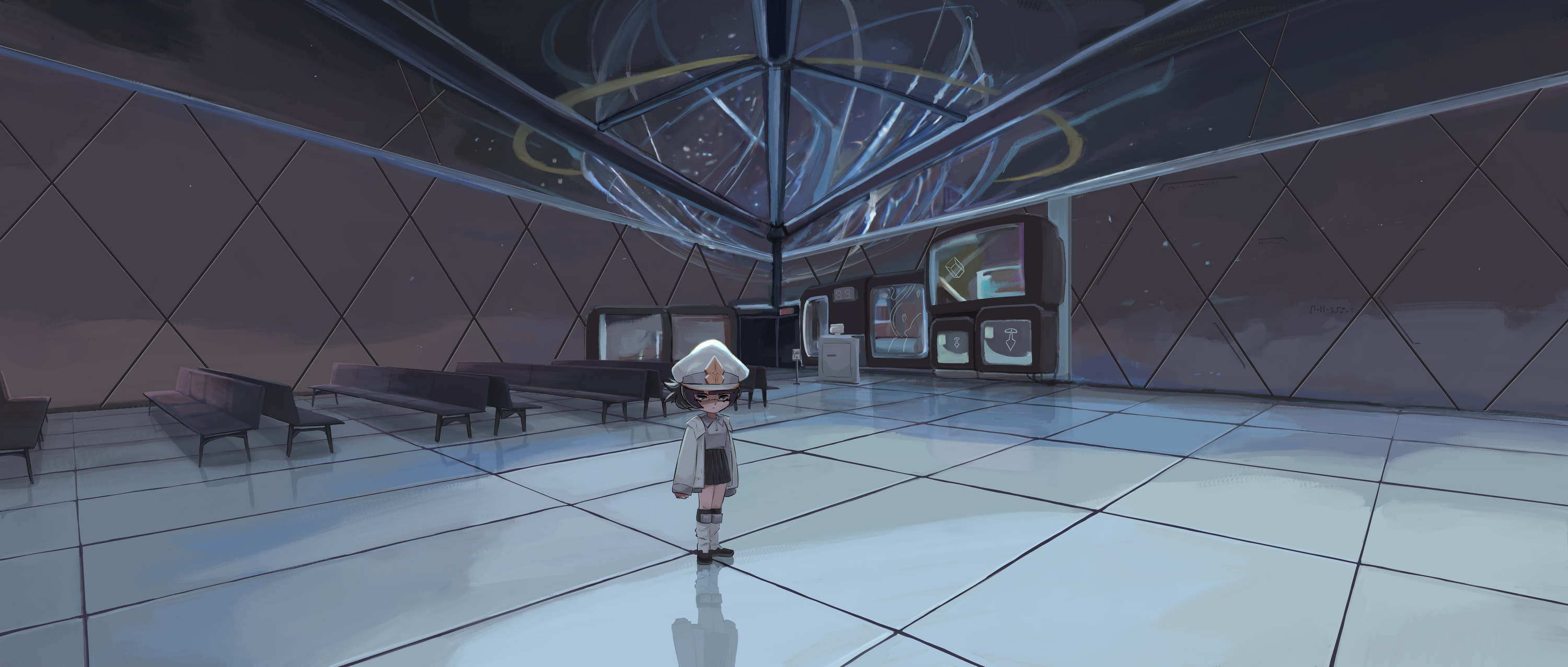 a girl in a captain uniform standing in an empty airport-esque building